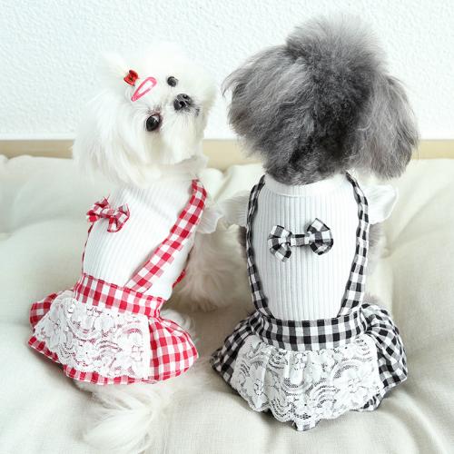 Pet Clothes Dog Clothes Sweet Version Lace Plaid Bowknot Dog Skirt Pet Dress