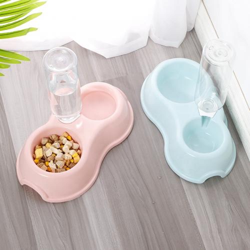 4 Colors Nonslip Pet Food Feeding Plastic Double Bowl Feeders With 500ml Drinking Bottle Water Dispenser