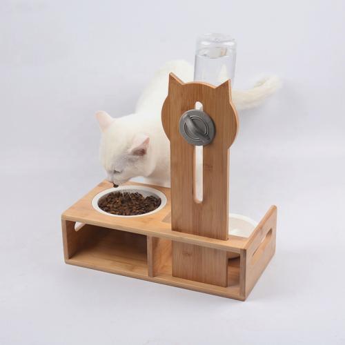 Bamboo Automatic Adjustable Fountains Pet Drinking Water Dispenser Bowls Feeder With Drawer