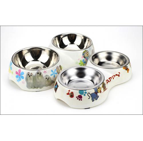 Cartoon Melamine Pet Bowl Dog Stainless Steel Double Bowl Twoinone Dog Nonslip Cat Food Bowl