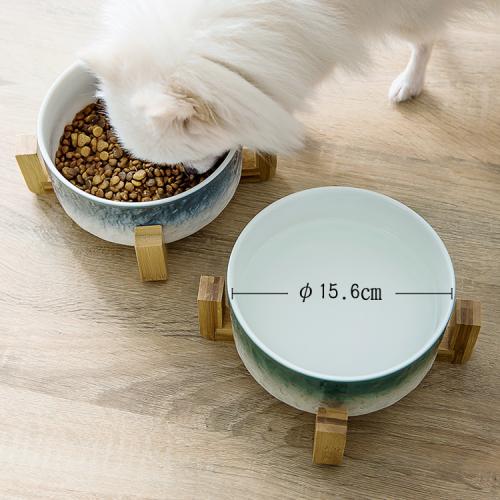 Ceramic Elevated Pet Bowls Raised Double Food Water Bowl Set Dog Small Dogs With Wood Stands Eco Friendly Cat Bowl