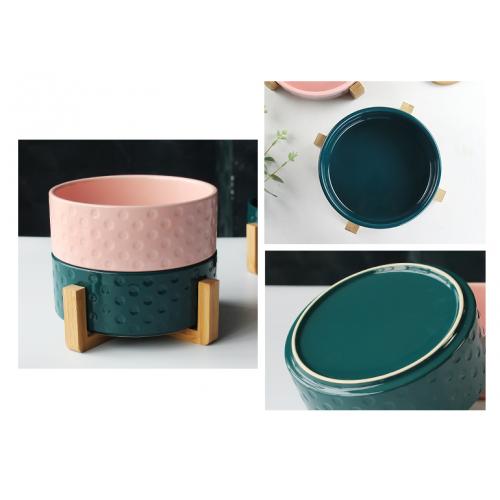 Ceramic Round Dog Cat Bowl Durable Ceramic Food Water Elevated Dish Petwith Wood Stand