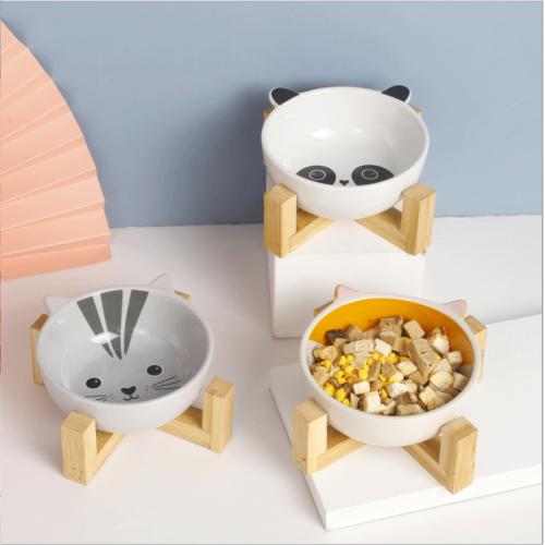 Cute Binaural Cartoon Animal Printed Cat Bowl Dog Feeder Wooden Stand Ceramic Pet Bowl