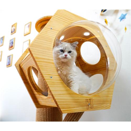 Hand Knitting Morden Hexagon Wooden Cave Cats Kittens Furniture Cat Tree With Acrylic Window