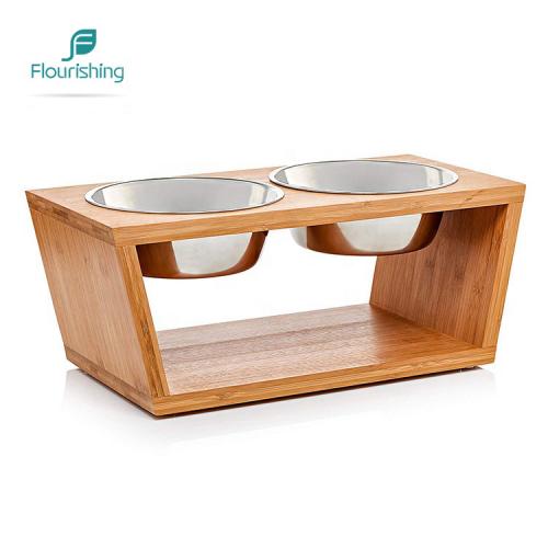 Natural Raised Dogs Cats Bamboo Pet Feeder Stand 2 Stainless Steel Pet Bowls